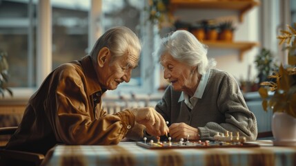 Elderly Couple Playing Chess in Warm Sunlit Room - Powered by Adobe