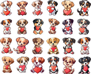 Set of cartoon dogs holding heart, cute vector puppies t-shirt or mug idea