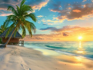 Tropical Beach Sunrise with Palm Tree and Overwater Bungalow