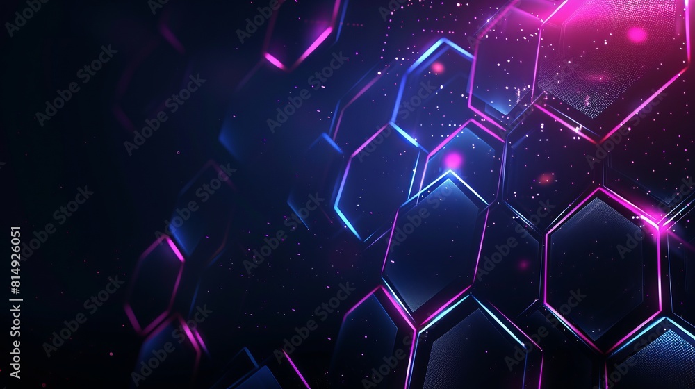 Poster a dark hexagon abstract technology background features blue and pink-colored bright flashes under he