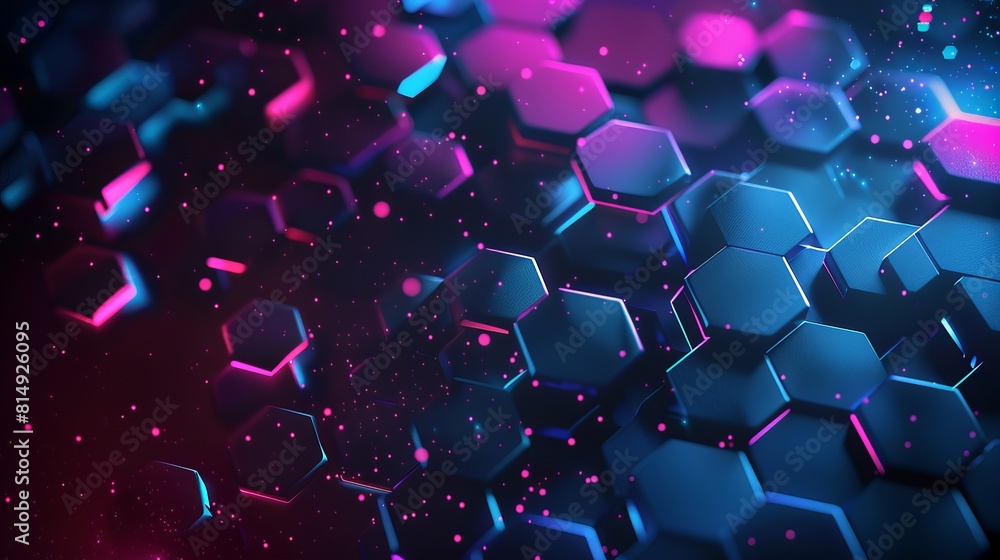 Poster a dark hexagon abstract technology background features blue and pink-colored bright flashes under he