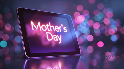 A sleek, modern digital tablet resting on a clean, white surface, displaying a virtual greeting card with the words "Mother's Day" in a vibrant, neon light effect against a dark, gradient background.