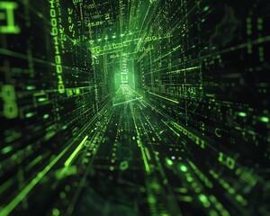 Obraz premium Immerse yourself in the mesmerizing world of digital data, where endless streams of information flow through a glowing green tunnel