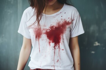 Close-up of a woman's torso with a white t-shirt covered in red blood stains