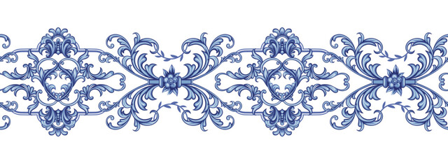 Blue baroque decorative composition, seamless pattern border