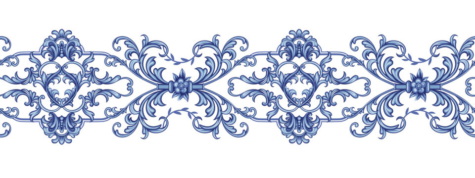 Blue baroque decorative composition, seamless pattern border