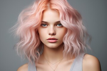 Portrait of a young female with stylish pastel pink hair and a serene expression