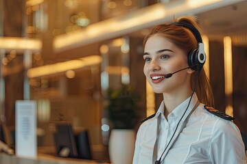 Receptionist welcomes guests warmly in modern lobby, wearing trendy attire and ponytail, with mic and headset for managing inquiries. - Powered by Adobe