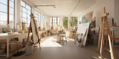  artist atelier. Hand edited generative AI. Wide format
