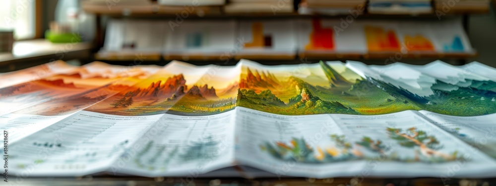 Poster a long, horizontal image of a field with mountains in the background
