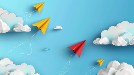 School notebook background. 3d flying yellow, red and blue paper airplanes in the sky with hand drawn clouds. Vector cartoon children planes in air