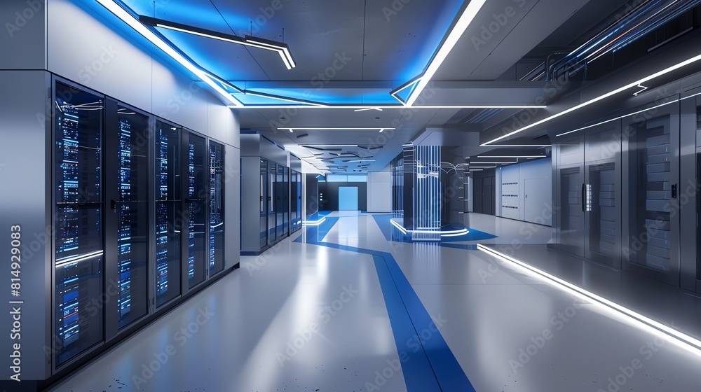 Poster a futuristic data center with rows of servers and blinking lights.