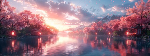 Obraz premium A serene and peaceful scene of a river with cherry blossoms