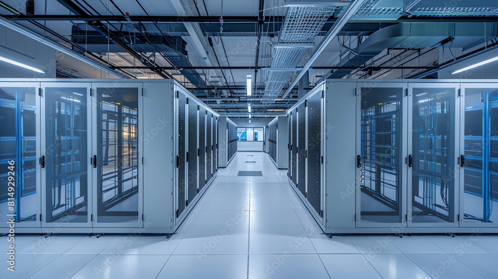 Poster a large, modern data center with rows of server racks.