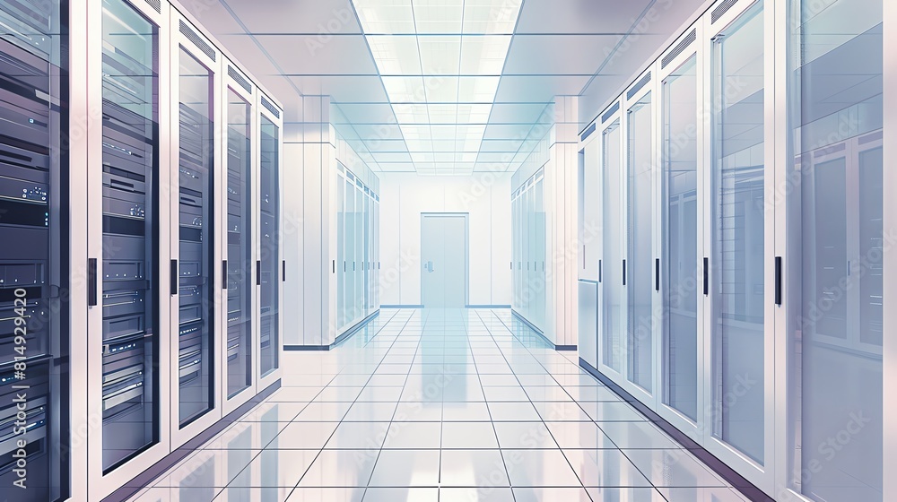 Aufkleber a long, brightly lit hallway with rows of server racks on either side.