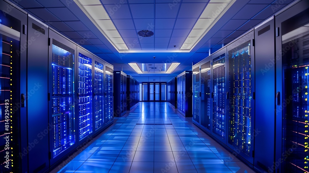 Aufkleber a long, brightly lit hallway with rows of server racks on either side. the floor is made of shiny ti