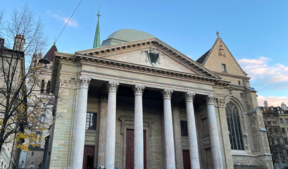Columns and entrance of Saint Peter's Cathedral in Geneva, Switzerland,  Cathedrale Saint-Pierre Geneve