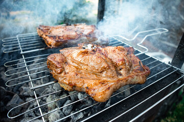 Grilled pork steaks close-up