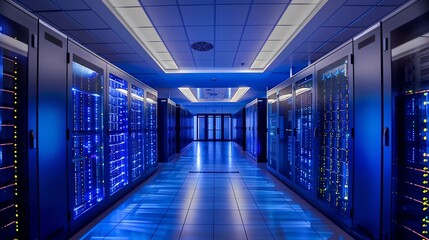 A long, brightly lit hallway with rows of server racks on either side. The floor is made of shiny tiles, and the walls are painted white. There is a door at the end of the hall.