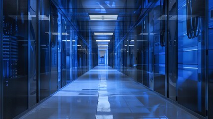 Fototapeta premium A long, blue-lit hallway with glass-enclosed server racks on either side.