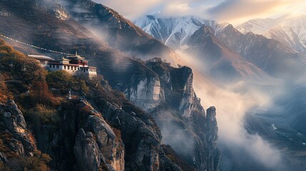 Remote mountain monastery at sunrise