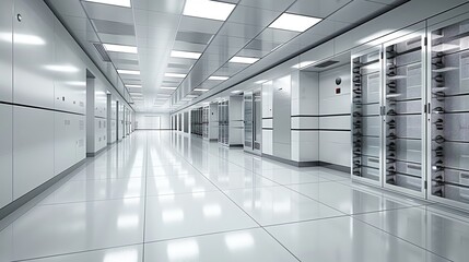 Naklejka premium Design a futuristic, sleek, and modern laboratory with white marble floors and glass walls. The lab should be well-lit and have a few potted plants.