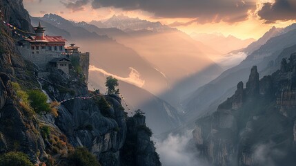 Remote mountain monastery at sunrise © aimanasrn