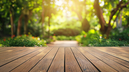 Empty wood floor in front , garden background,