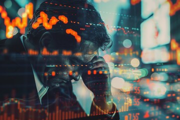 Distressed Stock Market Trader Overlaid on Cityscape With Financial Charts