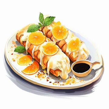 orange crepes with cream sauce on plate clip art preview