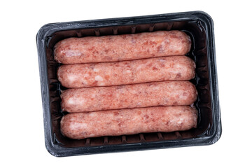 Raw sausages in packaging close up top view isolated on white