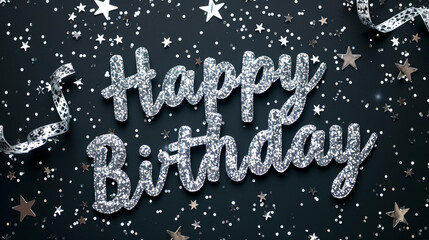 "Happy Birthday" spelled out in shimmering silver glitter on a sleek black background, evoking a chic and sophisticated ambiance for a glamorous celebration.