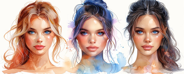 Watercolor woman portraits, female face with hair abstract portrait young person glamour realistic model European girl drawing paint art set vector illustration.