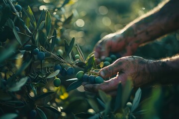 Close-Up View of Hand-Picking Fresh Olives From Lush Tree During Harvest Season
