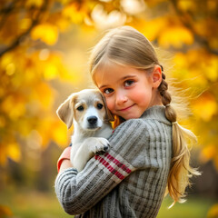 a young girl tenderly hugs a puppy on a blurred a