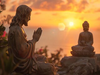 Create a contemplative and serene scene at sunset featuring Jesus and Buddha statues in a peaceful dialogue