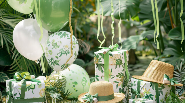 A botanical garden birthday with green and floral print balloons, leafy streamers, straw hats, and gift boxes wrapped in botanical paper among lush garden surroundings .