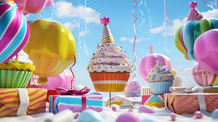 A candyland birthday with colorful candy-shaped balloons, streamers that look like licorice strings, cupcake hats, and gift boxes that resemble candy wrappers in a sweet fantasy setting .
