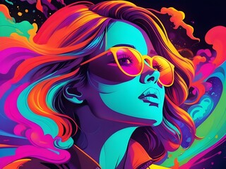 Naklejka premium bold neon colors, cartoon style illustration of a woman as she sees the world while experiencing hallucinations, stoned, splash art, splashed neon colors Generative AI