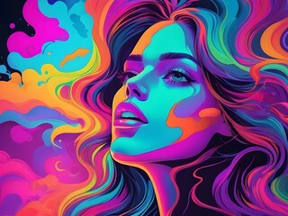bold neon colors, cartoon style illustration of a woman as she sees the world while experiencing hallucinations, stoned, splash art, splashed neon colors Generative AI