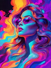 bold neon colors, cartoon style illustration of a woman as she sees the world while experiencing hallucinations, stoned, splash art, splashed neon colors Generative AI