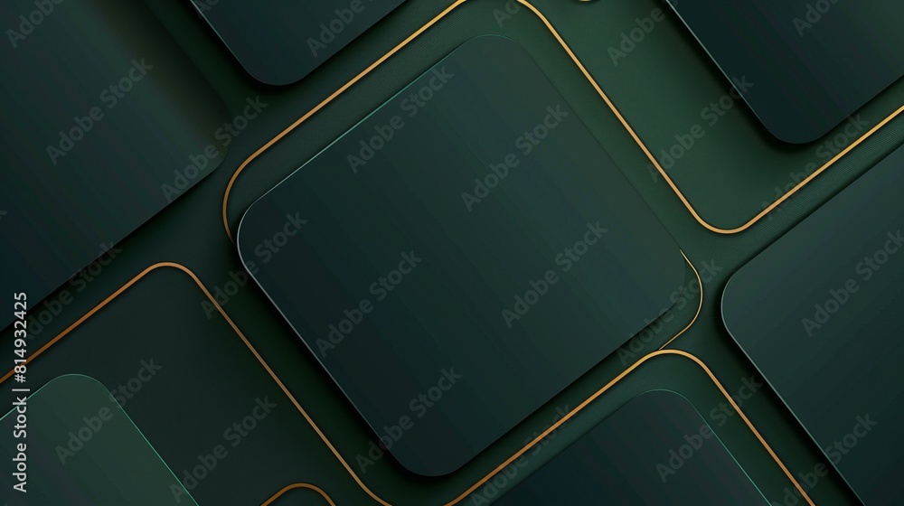 Poster dark green abstract background with gold lines and shadow. geometric shape overlap layers. transpare