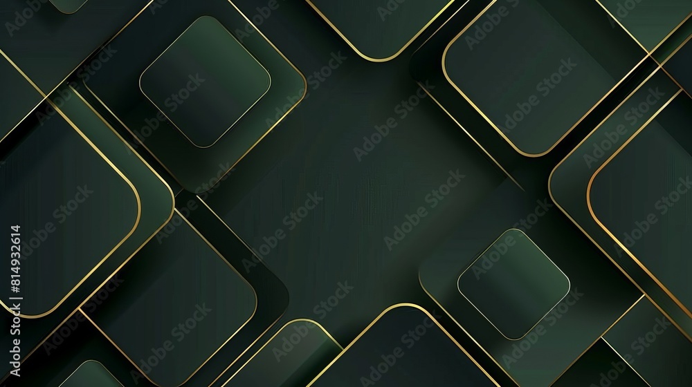 Poster dark green abstract background with gold lines and shadow. geometric shape overlap layers. transpare