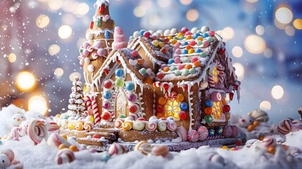 Whimsical Gingerbread House Adorned with Colorful Candies and Sparkling Against a Snowy Backdrop