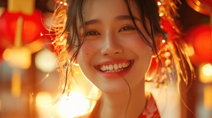 Captivating Closeup of Charming Chinese Female Model s Radiant Glowing Smile Filled with Warmth and Positive Emotion