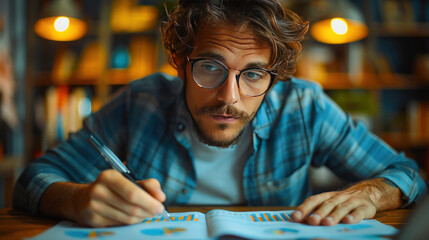 Fototapeta premium A businessman's focus sharpens as he analyzes financial data, drawing insights for business strategy and planning.