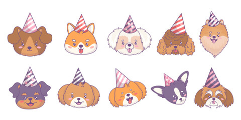 Obraz premium Cute portraits dogs in birthday caps of different breeds set. Funny muzzle of chihuachua, mongrel, spitz, rottweiler, poodle, Shiba Inu, Shih Tzu. Isolated cartoon kawaii animal. Vector illustration