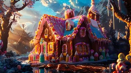 Whimsical Gingerbread House in Colorful Fantasy Landscape