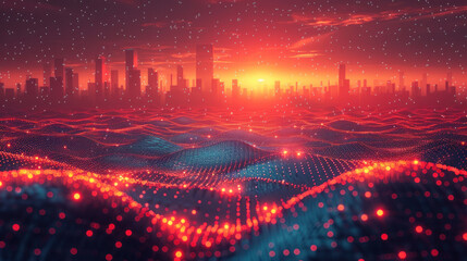 A smart city landscape, abstract dots converge with gradient lines and aesthetic wave designs, representing the interconnectedness of data-driven systems.