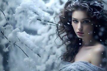 Mysterious woman with a penetrating gaze amidst a serene snow-covered landscape